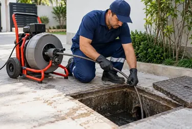 Equipe desentupindo esgoto, utilizando ferramentas específicas para o trabalho.