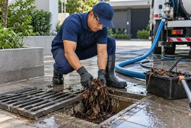 Profissional desentupindo rede pluvial, utilizando ferramentas necessárias.