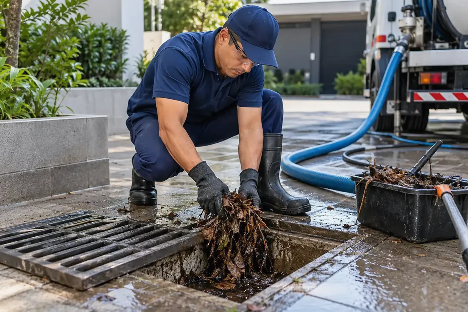 Profissional desentupindo rede pluvial, utilizando ferramentas necessárias.