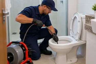 Profissional desentupindo vaso sanitário com ferramentas adequadas.