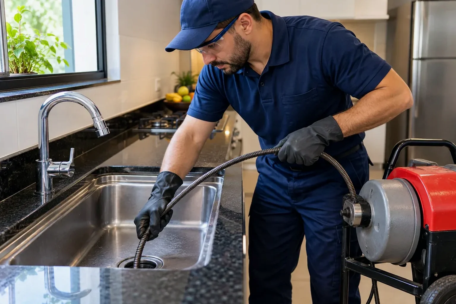 Profissional realizando desentupimento de pia, usando ferramentas apropriadas.