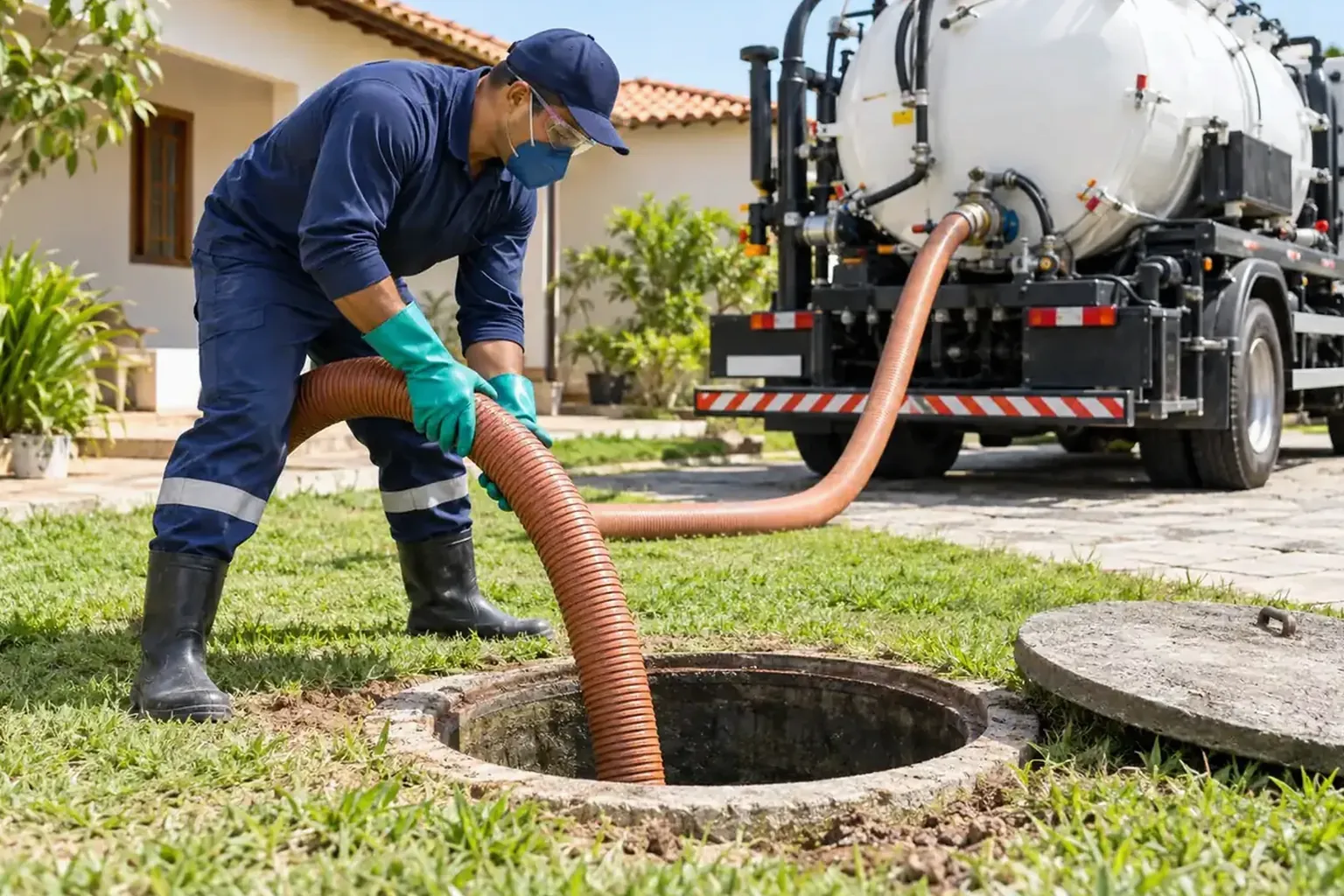 Profissional realizando limpeza de fossa séptica, utilizando ferramentas adequadas.