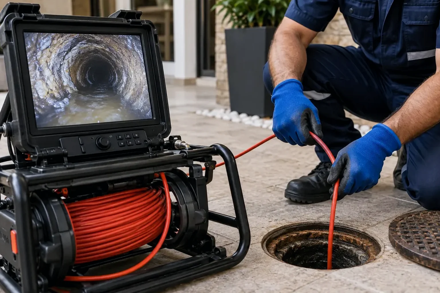 Técnico inspecionando tubulações com câmera, em processo de diagnóstico.