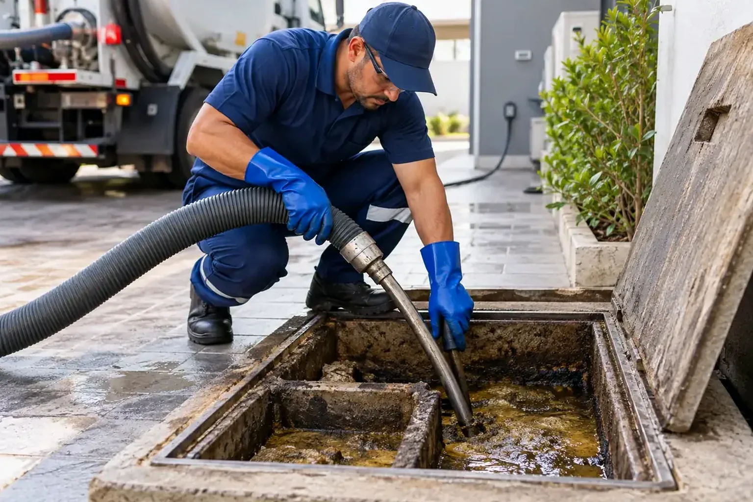 Técnico limpando caixa de gordura, usando ferramentas apropriadas.