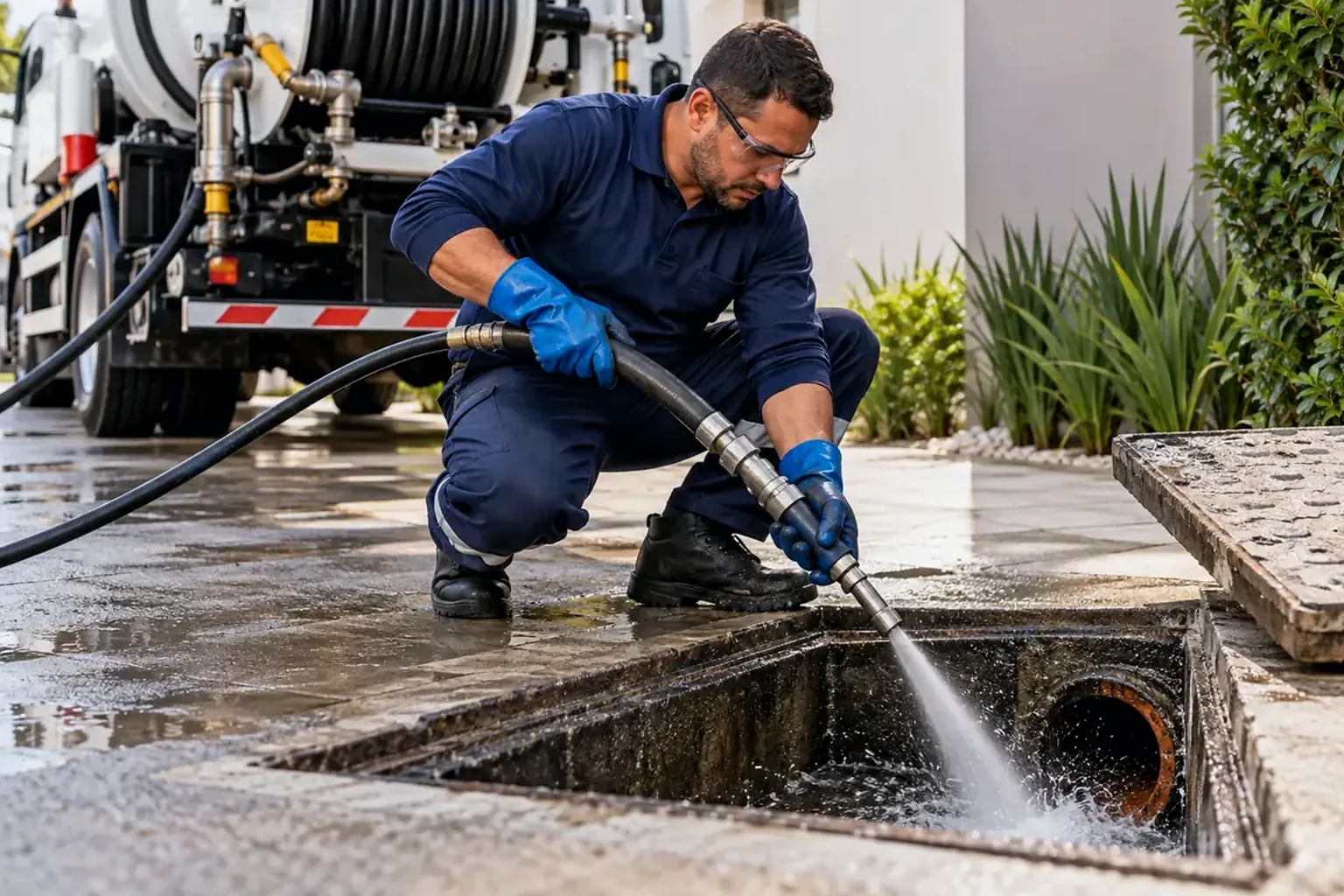 Técnico realizando hidrojateamento em tubulações, utilizando equipamentos especializados.