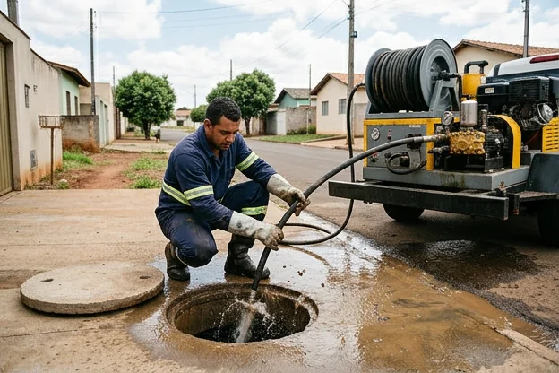 Técnico utilizando hidrojateamento em Cambé, focando na ação do serviço.